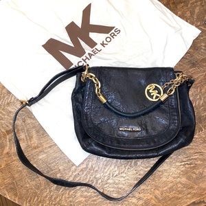 Michael Kors Black Soft Genuine Leather Gold Chain Flap Saddle Bag
